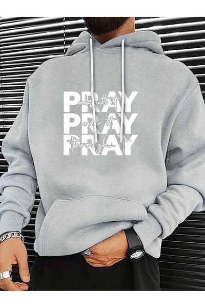 AMMA Φούτερ με κουκούλα Unisex Oversize - Pray Printed, Χειμερινό φούτερ με 3 κλωστές