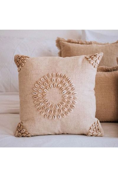 sevaradekor Linen Sea Shell Embroidered Bohemian Cream Handmade Pillow Cushion Case 43x43 Cm Summer Collection