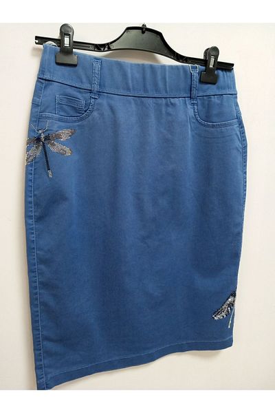 AKŞEN GİYİM LARGE SIZE THIN DENIM LYCRAL COTTON FABRIC WAIST ELASTIC FULL SUMMER DRAGONFLY STONE PRINTED SHORT SKIRT