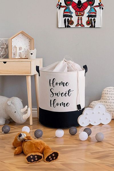 PRENDİ HOME White Fabric Mesh Home Sweet Home Printed Multi-Purpose, Decorative Toy Basket