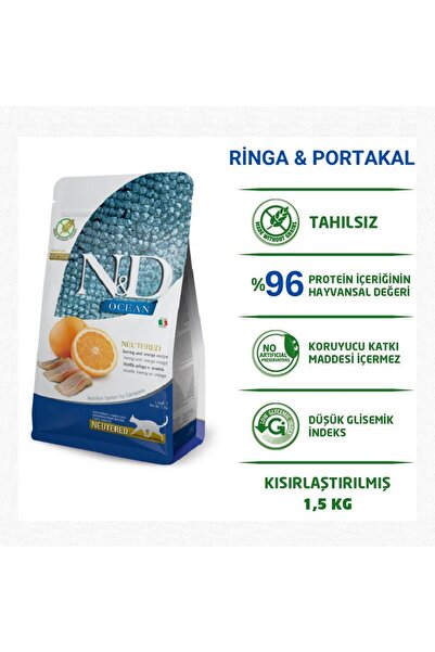 N&D Tahılsız Ringa Balıklı Portakallı Kısırlaştırılmış Kedi Maması 1,5kg Herr...