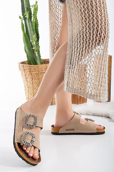 Valeriiastock New Season Stone Buckle Slippers Double Buckle Beige Color