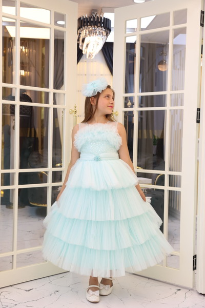 MİSS RAİN Rochie de seară pentru fete din tul cu paiete cu detaliu curea de p...