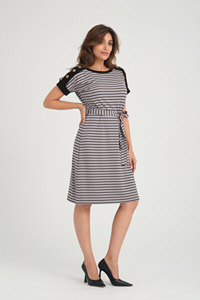 ESPİNA Kadın Çizgili Kuşaklı Omuz Düğme Detaylı Elbise