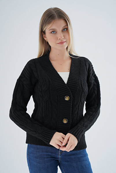 Trist Star Black V-Neck Braided Knitwear Cardigan - Openwork and Buttoned, Wo...