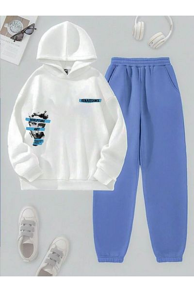 Hunors Sportswear & Company Reneissance Printed 2-Piece Unisex Combination - White and Baby Blue Tracksuit Set