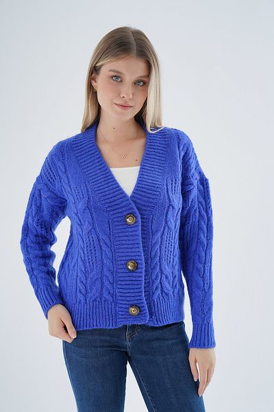Trist Star Cardigan lung tricotat Saks Color pentru femei - decolteu în V, împletit păr, detaliu cu nasturi ajurat, amestec de lână