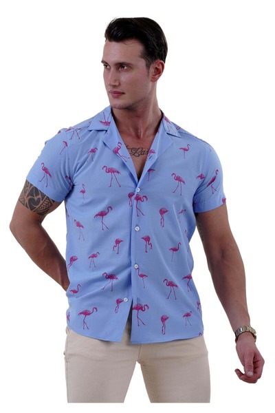Exve Exclusive Синя хавайска риза с щампа на фламинго - свободна кройка, къс ръкав