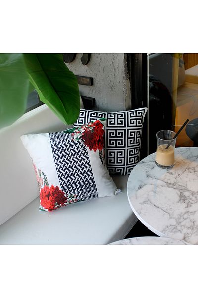 cuboo home Geometric and Red Floral 2-Piece Throw Pillow Cover Set 43X43 cm