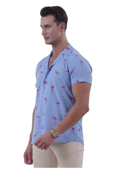 Exve Exclusive Синя хавайска риза с щампа на фламинго - свободна кройка, къс ръкав