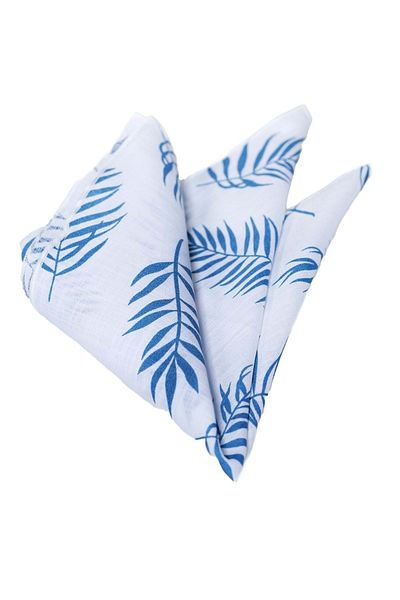 Exve Exclusive Turquoise Leaf Printed Pocket Collar Handkerchief on White Linen