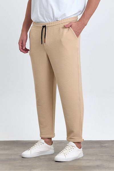 COMBİNE MİCHAİL Pantaloni de jogger pentru bărbați - picior dublu, bumbac, talie elastică și șnur - BEI