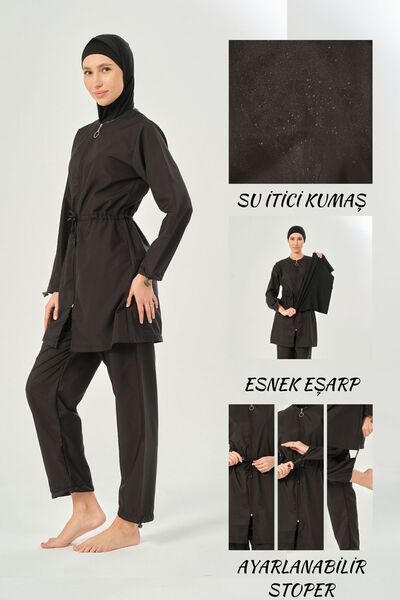 myfirstsea Kadın Düz Renk Tesettür Mayo Pantolon Bone Eşarp Tunik Tam Set Su ...