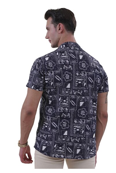 Exve Exclusive White Printed Navy Blue Design - Hawaiian Relaxed Fit Short Sleeve Summer Shirt