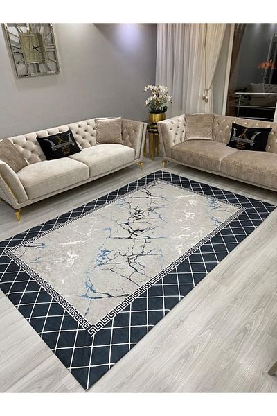 ALLGELSİN Modern Blue Navy Blue Detailed Varank New Season Elastic Carpet Cover Decorative Carpet Cover