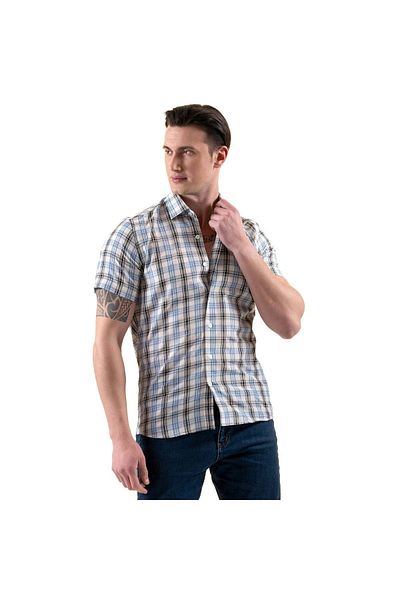 Exve Exclusive Blue Black White Plaid Checked Slim Fit Short Sleeve Summer Shirt