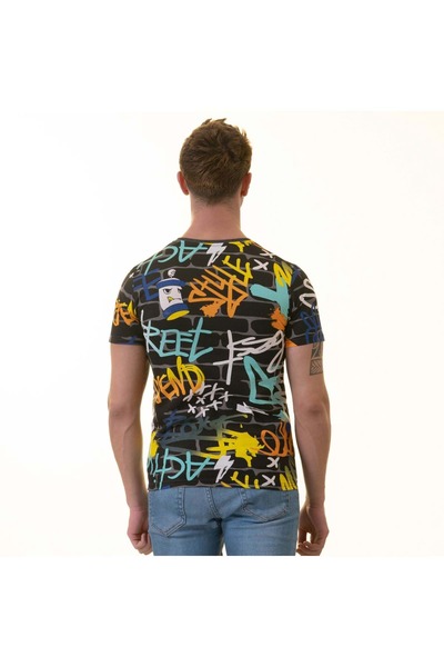 Exve Exclusive Чорний з кольоровим принтом графіті на стіні Дизайн Велосипедний комір Чоловічий футболка Бавовна Футер