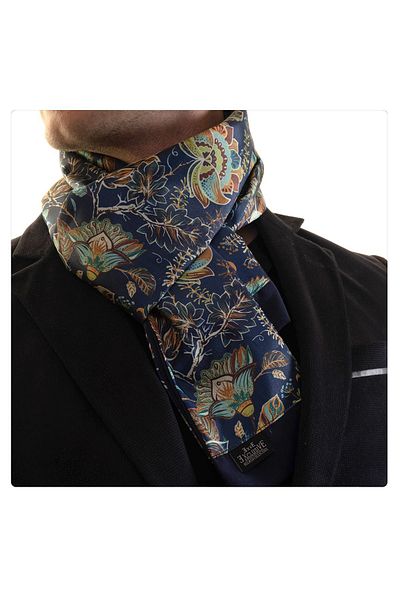Exve Exclusive Eșarfă pentru bărbați cu două fețe, cu model de flori colorate, albastru bleumarin