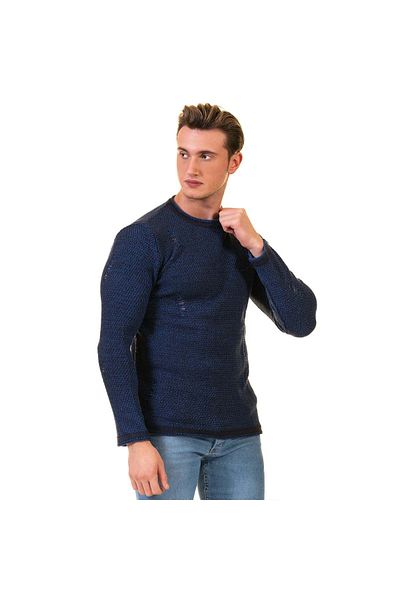 Exve Exclusive Pulover pentru bărbați, tricotaje, model Special Fraying, albastru
