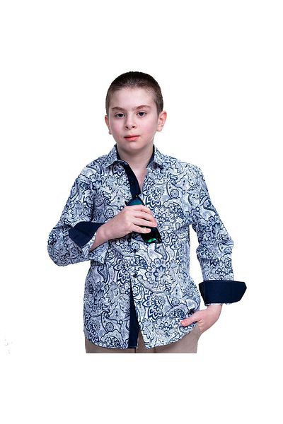 Exve Exclusive Cămașă pentru copii cu model șal mare albastru bleumarin pe alb
