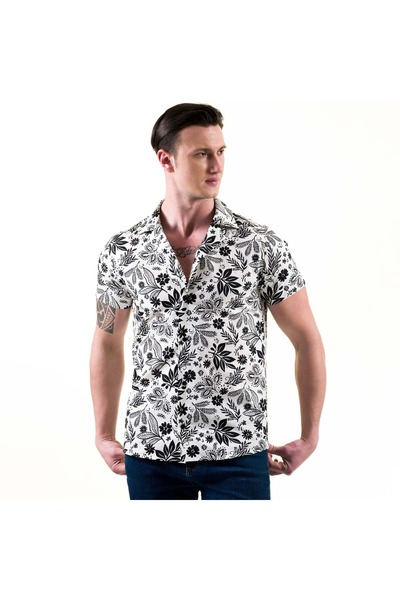 Exve Exclusive Cămașă de vară cu mânecă scurtă cu guler deschis din bumbac imprimat cu frunze de flori negre pe alb