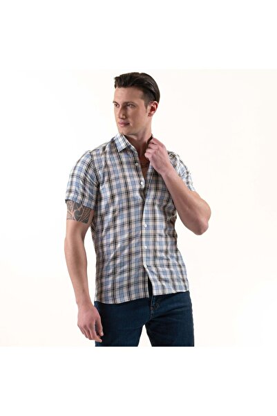 Exve Exclusive Μπλε ασπρόμαυρο καρό καρό κοντομάνικο καλοκαιρινό πουκάμισο