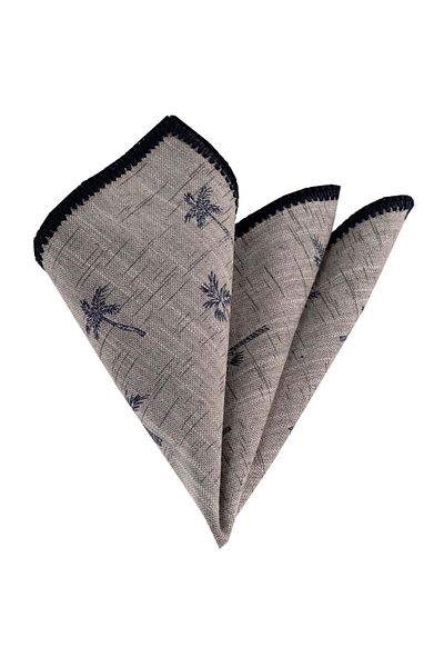 Exve Exclusive Navy Blue Palm Tree Print on Gray Natural Linen Edge Braided Pocket Collar Handkerchief