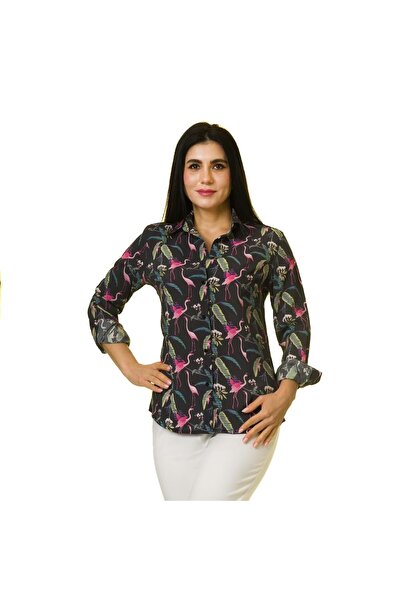 Exve Exclusive Black Flamingo Leaf Printed Women's Shirt