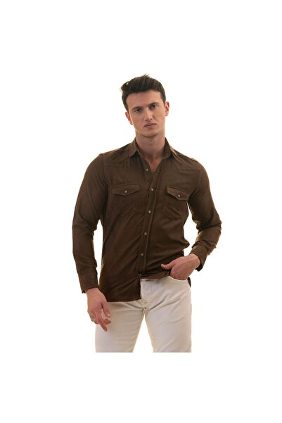 Exve Exclusive Коричнева замша з двома кишенями, бавовняна сорочка в стилі вестерн, бавовняна сорочка slim fit