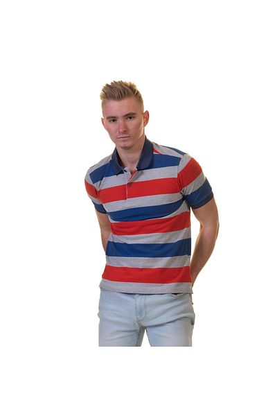 Exve Exclusive Μπλουζάκι Polo Neck Γκρι-Κόκκινο-Μπλε ριγέ κοντό μπλουζάκι