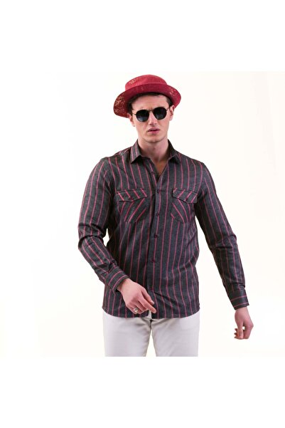 Exve Exclusive Чорна вовняна зимова сорочка з кишенями, з червоними смужками, у стилі «вестерн», з вузьким кроєм