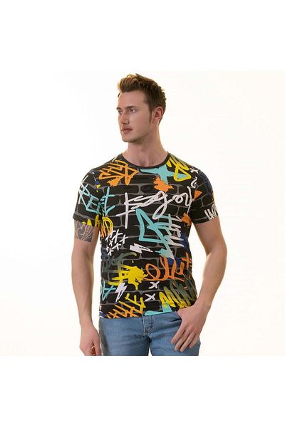 Exve Exclusive Έγχρωμο σε μαύρο τοίχο Graffiti Print Design Ανδρικό μπλουζάκι με λαιμόκοψη Βαμβακερό χτενισμένο μπλουζάκι