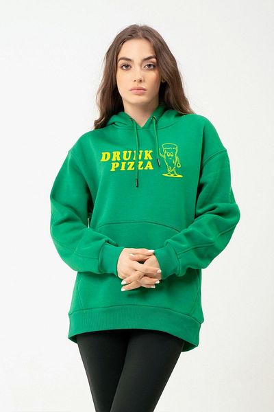 Eazy Co Φούτερ Eazy Drunk Pizza Oversize Unisex με πράσινο γιακά με κουκούλα