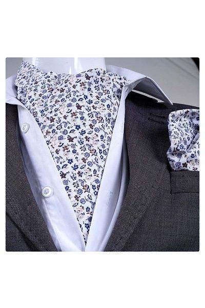 Exve Exclusive Blue Brown Floral Printed Scarf Handkerchief Set on White
