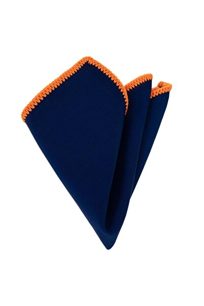Exve Exclusive Dark Blue Natural Linen with Orange Edge Braided Pocket Collar Handkerchief