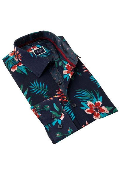 Exve Exclusive Námořnická modrá Vínová košile Slim Fit s potištěným designem zelených listů