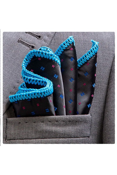 Exve Exclusive Чорно-синьо-рожева картата кишенькова хустинка з плетеним краєм