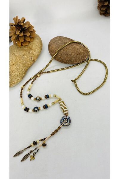 Porsuk Alternatif El Yapımı Dağal Taş Tibet Akikti Unisex Uzun Kolye