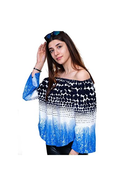 Exve Exclusive Γυναικεία μπλούζα με ανοιχτό ώμο με ειδική κοπή μπλε πουά