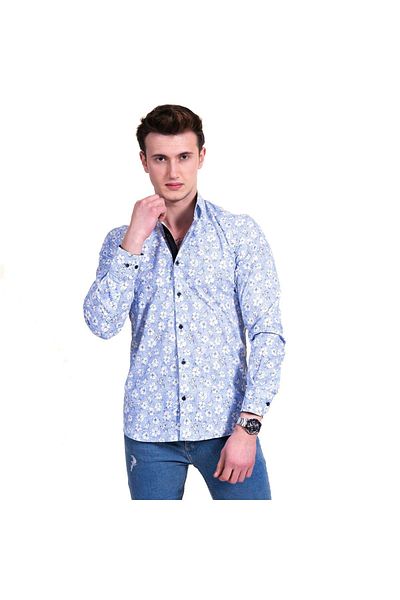 Exve Exclusive Cămașă albastră slim fit cu imprimeu floral