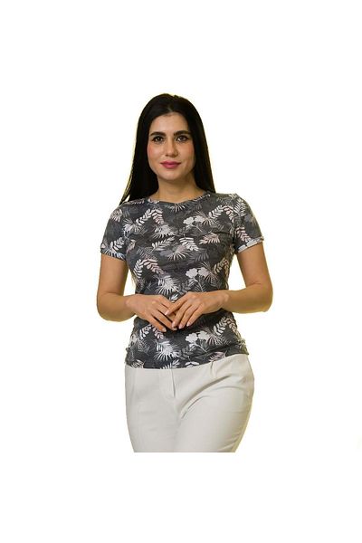 Exve Exclusive Bílé na šedé Růžové dámské tričko Leaf Crew Neck