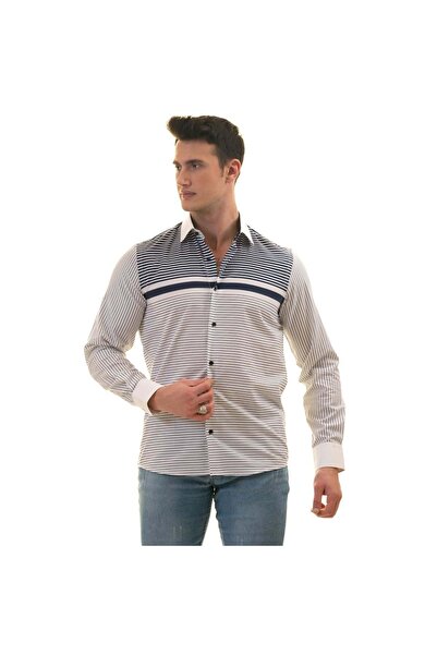 Exve Exclusive Cămașă pentru bărbați, albă, cu dungi albastre închise pe piept, cu croială specială, cu mânecă lungă, slim fit