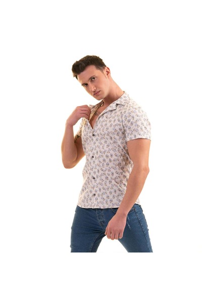 Exve Exclusive Cămașă slim pentru bărbați din viscoză naturală cu imprimeu floral, bej, maro și albastru