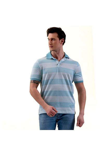 Exve Exclusive Turquoise White Striped Pique Polo Neck Short Sleeve Cotton Slim Fit T-Shirt