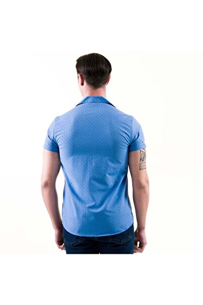 Exve Exclusive Синя сорочка з коротким рукавом і коміром-апаш з геометричним принтом темно-синього кольору