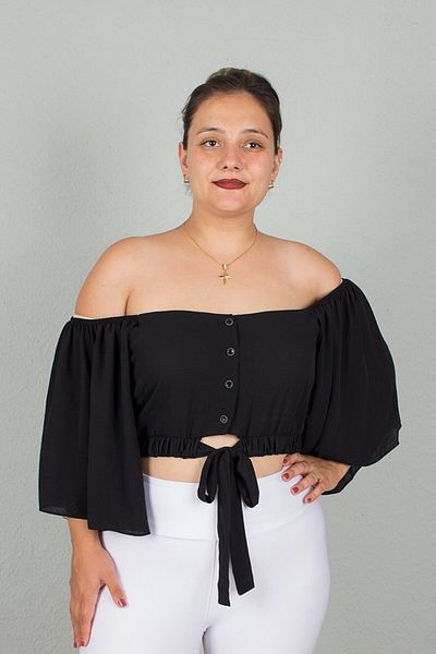 Truva XXL Plus Size Black Crop Blouse - Wide Sleeve, Elastic Waist and Drawstring