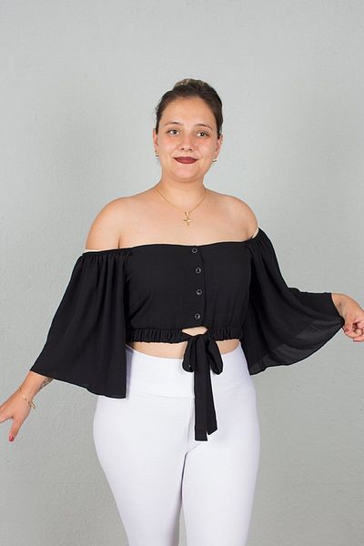 Truva XXL Plus Size Black Crop Blouse - Wide Sleeve, Elastic Waist and Drawstring