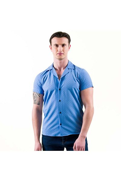 Exve Exclusive Navy Blue Geometric Pattern Printed Hawaiian Open Neck Short Sleeve Summer Shirt