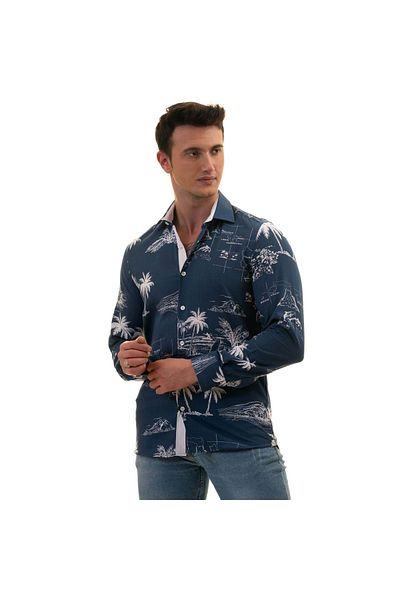 Exve Exclusive Cămașă slim fit respirabilă cu imprimeu albastru indigo hawaian