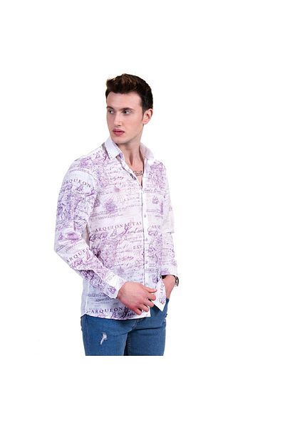 Exve Exclusive Cămașă pentru bărbați, alb, liliac, cu imprimeu epocă, cu ajustare standard